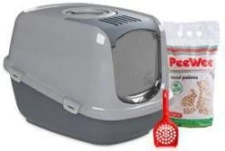 PeeWee EcoDome XXL Grijs +3 Kg Houtkorrels +Schepje, Kattenbak Combideal